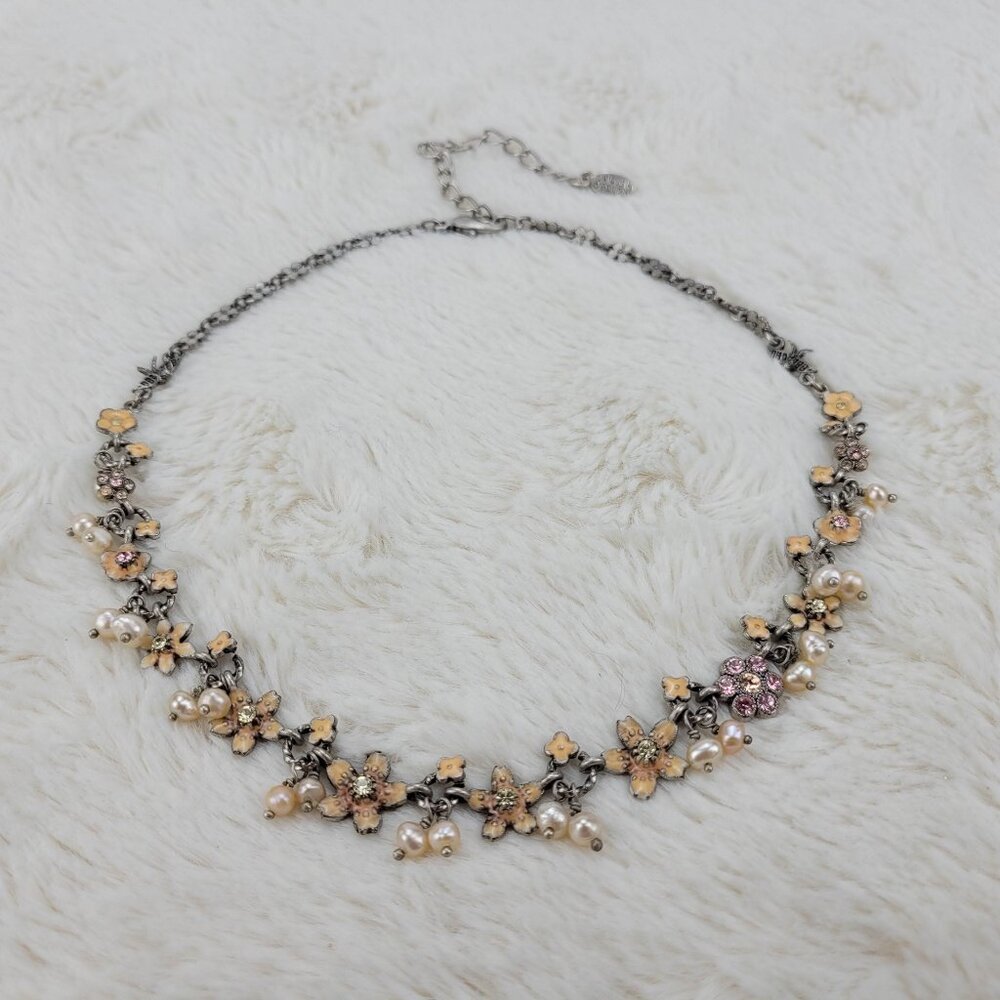 1960's Pearl Bead and Pink Enamel Flower Necklace by Danish Design